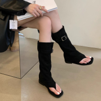 Two-Way Flip-Flops Suede Leather Pleated Sandal Boots 2024 New Western Cowboy Boot Hot Girl Pantyhos