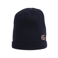 【GUCCI 古馳】676108 經典雙G LOGO緹花羅紋腕口羊绒毛帽(深藍色)