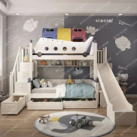 Two-Story Bed Bunk Bed Small Apartment Bunk Bed Solid Wood Sliding Ladder Bed Double Bed Upper and Lower Bunk Cartoon Aircraft