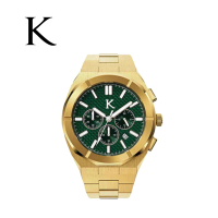 【KLEIN 荷蘭克萊恩】強悍系列金綠三眼計時日期顯示不鏽鋼腕錶-附限量天然火山石手環