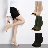 Style Peep Toe Ankle Boots Stretch Women Fabric Out Breathable Booties Sexy Dance Pole Ladies Pumps Shoes 2023