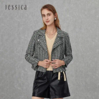 【快速到貨】【JESSICA】時尚百搭黑白格紋翻領拉鏈機車外套