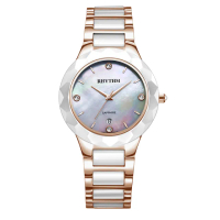 【RHYTHM 麗聲】時尚貝殼面鑲鑽日期顯示陶瓷腕錶(玫瑰金/半陶瓷錶帶)