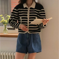 【巴黎精品】針織外套長袖毛衣-學院風撞色條紋翻領女外套2色a1hj11