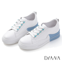 DIANA 4 cm質感牛皮繽紛色系彩鑽色底輕量休閒鞋-白X藍