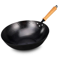 Wok Pan 32cm, Fry Pan with Detachable Wooden Handle, High Carbon Steel Woks for All Stoves, No Coating Chinese Iron Pot
