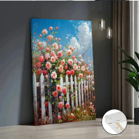 Rose Fence Blooming Decorative Painting - Large Size Traditional/Modern Style Oil Painting Suitable 