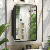 16x24in Black Medicine Cabinets for Bathroom with Mirror Stainless Steel Framed Rounded Rectangle Single Door bathroom cabinet