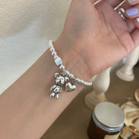 Korean-style S925 silver-plated bear bracelet for women, vintage fashion, heavy-duty heart-shaped br