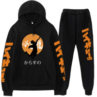 Kpop Anime Haikyuu Karasuno Men/Women Hoodie Set Casual Couple Long Sleeve Sweatshirt Sweatpants Streetwear Unisex Harajuku Tops