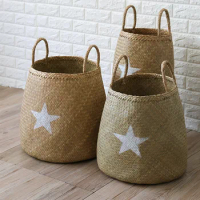 ECHOME Laundry Basket Straw Hand-Woven Clothes Storage Basket with Handle Woven Round Clothes Bucket Portable Toy Storage Bag