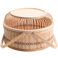 Big Deal Handmade Vintage Traditional Round Bamboo Basket For Food Basket Chinese Storage Case With Handle