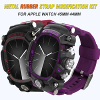 Luxury Modification Kit Steel For Apple Watch 9 7 6 SE Metal Button Rubber Strap For iWatch Series 8 45MM 44MM TPU PC Case Bezel