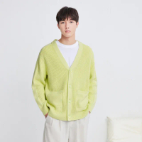 【GAP】男裝 LogoV領針織外套-黃綠色(842026)