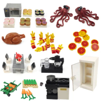 MOC City Pizza Waffles French Fries Chicken Octopus Table Oven Cooktop Refrigerator Grill City Building Blocks Toys For Children