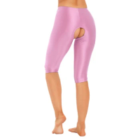 Glossy Women's Knee Length Crotchless Capri Pants Athletic Leggings Yoga Sport Workout Biker Shorts Smooth Short Pants Underwear
