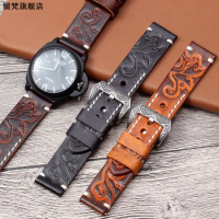 Vintage Leather Carved Embossed Watchbands 18MM 20MM 22MM For Panerai Fossil men's wrist watch bracelet Handmade Watch Straps