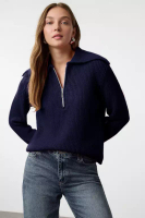 Trendyol Navy Blue Wool Wide Fit Polo Neck Zipper Knitwear Sweater