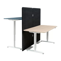 BEKANT 升降式工作桌組合, 油氈 藍色/實木貼皮, 染白橡木