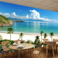 大海沙灘墻紙8d客廳臥室電視背景影視墻餐廳地中海椰樹風景壁紙