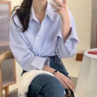 【JILLI-KO】不規則條紋襯衫女設計感寬鬆長袖上衣中大尺碼-F(黑/藍)