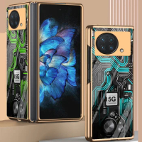 X Fold Funda Case for Vivo X Fold Retro Circuit Board Pattern Plating Tempered Glass Protection Mobile Phone Case Cover