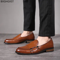 Brown Loafers Shoes Luxury Brand Office Shoes Man 2024 Double Monk Strap Black Men Dress Shoes Leather Mens Chaussure De Homme