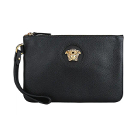 【VERSACE 凡賽斯】VERSACE金屬美杜莎LOGO荔枝牛皮拉鍊手拿包(黑)