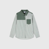 【GAP】男童裝 Logo純棉翻領長袖襯衫-綠色條紋(890214)