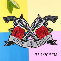 Punk Guns N Roses Skull Iron On Embroidery Patches Biker Stickers Clothes Embroidery Jacket Motorcycle Backpack Big Patches