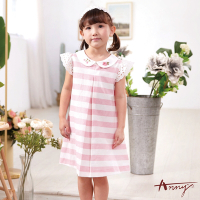 Annys安妮公主-玫瑰蔷薇小圓領春夏款鏤空造型袖橫條洋裝*1164粉紅