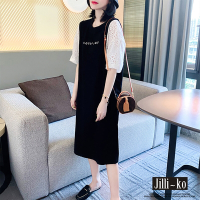 JILLI-KO 蕾絲短袖拼接寬鬆中長款連衣裙- 黑色