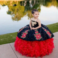 Children Princess Embroidery mini quinceanera dresses Crystal Beauty Puffy Flower Girl Birthday Dress Mexican charro