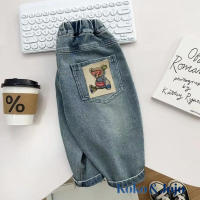 Koko & Jojo กางเกงยีนส์ทรงหลวมสำหรับเด็กชาย กางเกงลำลองเอวยางยืดมีปะหนีบหมี Soft Lightweight Wash De