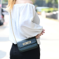 BALENCIAGA 巴黎世家  GOSSIP WOC 金屬LOGO鱷魚壓紋小牛皮4卡斜背鍊包/晚宴包(墨綠)
