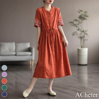 預購 ACheter 民族風亞麻棉刺繡連身裙氣質短袖收腰長裙子寬鬆森系洋裝#117540(5色)