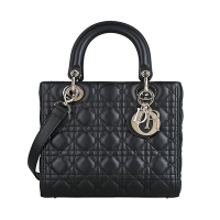 Dior 經典Lady Dior淡金吊墜字母LOGO幾何圖案縫線紋設計小羊皮手提斜背黛妃包(黑)