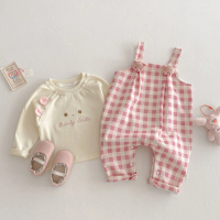 Baby Super Cute Overalls 2025 New Spring 0-2 Years Old Baby Plaid Bear Jumpsuit Newborn Clothes