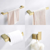 Burshed Gold Bathroom Accessories Set 4 Piece Towel Bar Paper Holder Robe Hook Ring Hardware