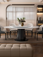 天然大理石圓形餐桌椅組合輕奢家用帶轉盤實木意式極簡黑色圓桌子