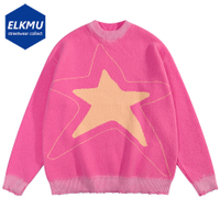 Star เสื้อกันหนาว Y2K ขนาดใหญ่ถักเสื้อกันหนาวผู้ชาย2023ฤดูใบไม้ร่วงฤดูหนาวจัมเปอร์ Pullovers Harajuku Streetwear เสื้อกันหนาว Hip Hop Pink