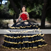 Luxury Black Quinceanera Dresses Tiered Tulle Ball Gown Mexican Princess Masquerade Sweet 16 Prom Dress