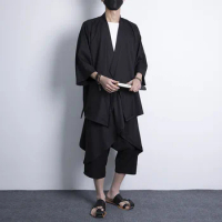 Two-Piece Suit Oversize M-5XL Japanese Fashion Kimono and Pants Set Men Cardigan Blouse Haori Asian Clothes Samurai Clothes