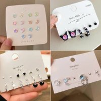 Korean Star Moon Butterfly Earring Set For Women Girl Vintage Aesthetic Heart Stud Earrings Trendy Y2K Jewelry Accessories