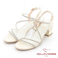 【CUMAR】不對襯鑽條裝飾粗跟涼鞋(米白色)