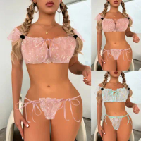 Cute Young Ladies Transparent Lace Up Underwear See Through Mesh Perspective Lace Seamless Bra Brief Sets Tempatation Lingerie