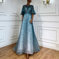 【女神婚紗禮服】高端U領喇叭袖手工縫珠宴會晚禮服 LA70822 藍綠色(表演 晚宴)