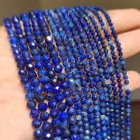 Natural Lapis Lazuli Bead Faceted Blue Stone Round Loose DIY Beads for Jewelry Making Handmade Bracelet 15inch 2/3/4mm