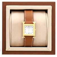 【Hermes 愛馬仕】Heure H 經典品牌H框造型石英時尚皮革腕錶(咖/金)