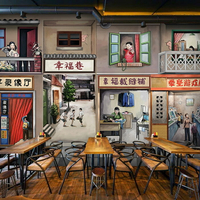 復古懷舊壁紙主題餐廳裝飾壁畫小龍蝦燒烤串串火鍋麻辣燙飯店墻紙